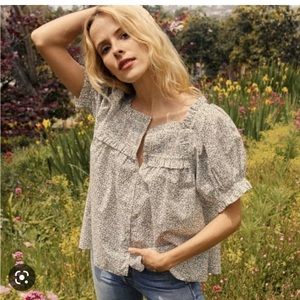 Doen Ruffled Blouse in Cream and Blue